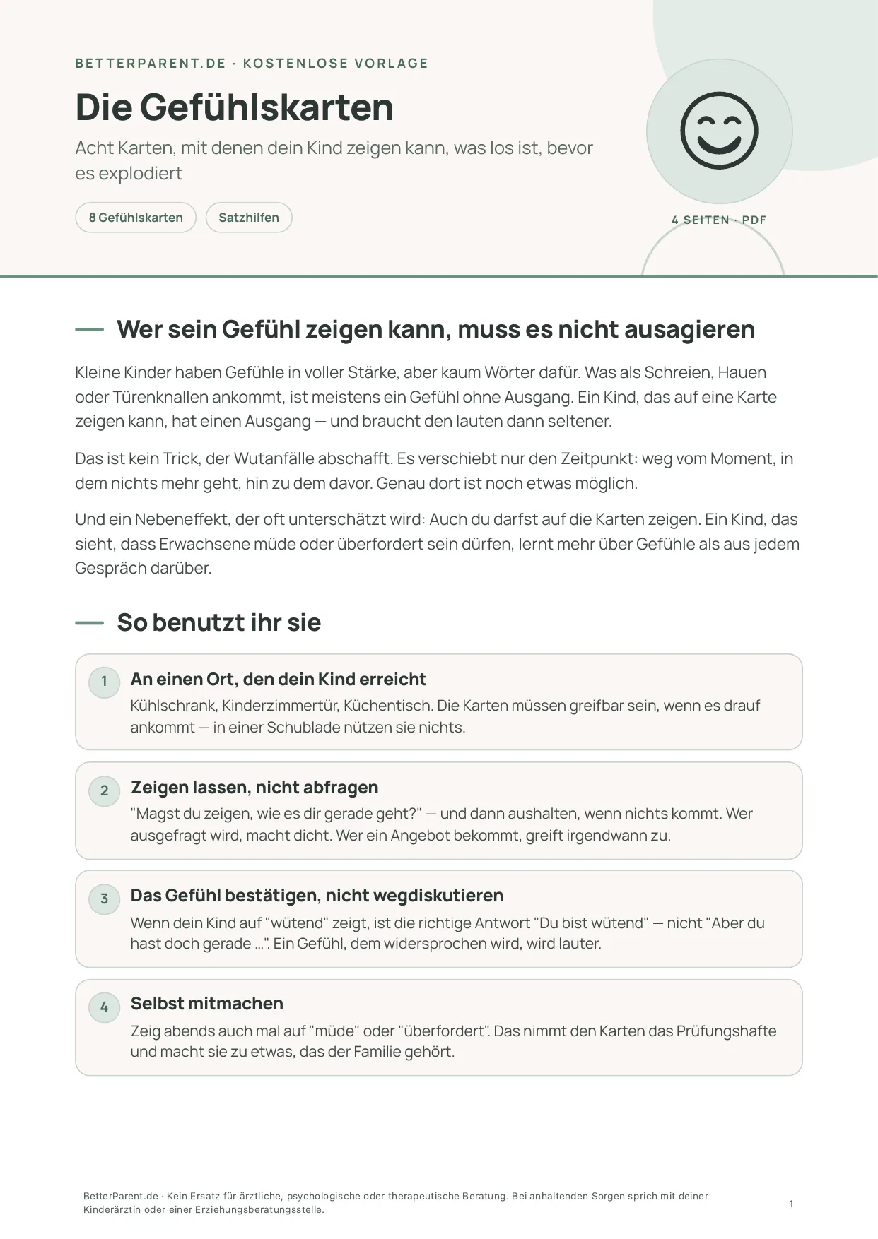 Erste Seite der Vorlage „Die Gefühlskarten“