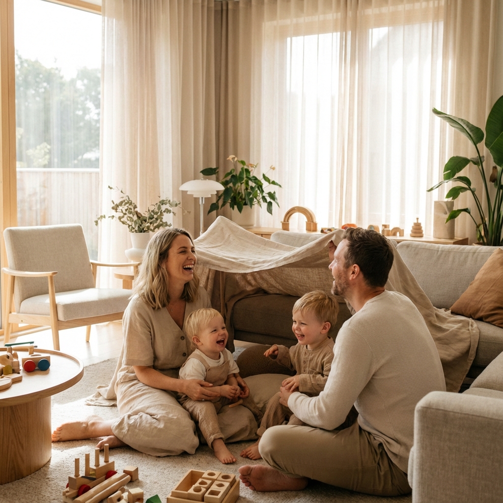 Glückliche Familie sitzt auf einer Decke im Freien und lächelt mit ihrem Kleinkind